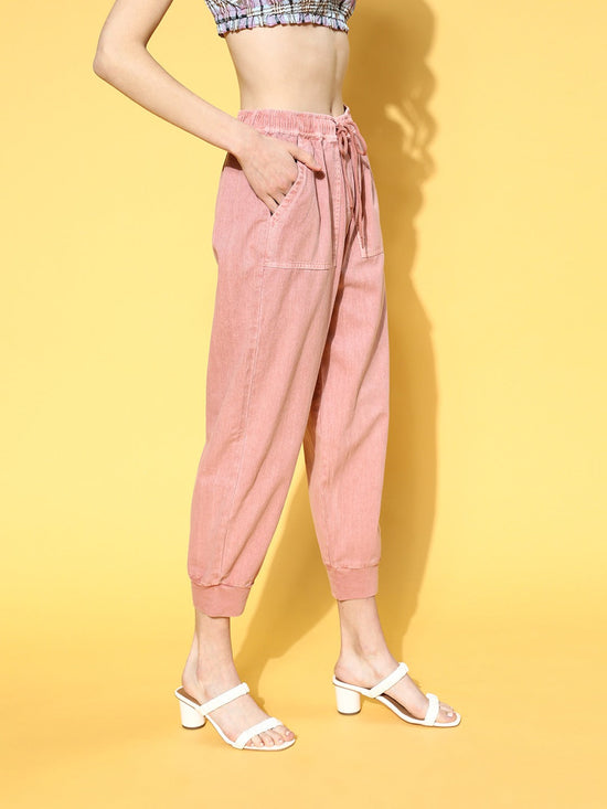 Women Dusty Pink Pigment Wash Rib Hem Joggers