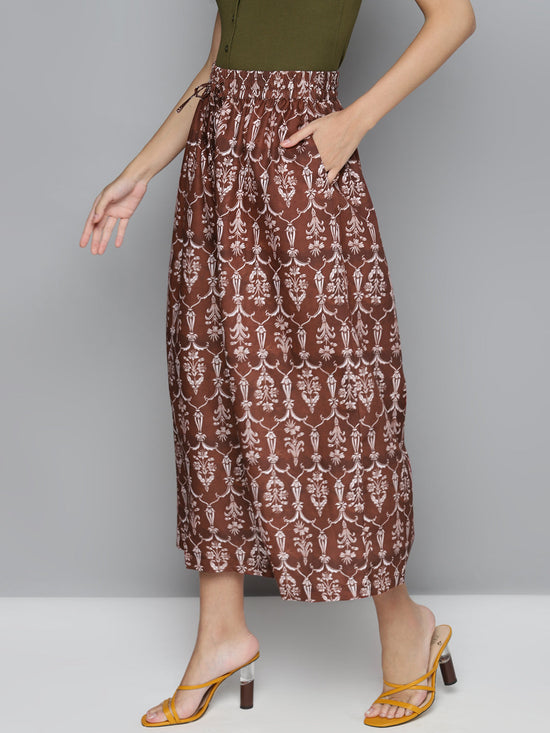 Maroon Floral Drawstring Wide Leg Pants