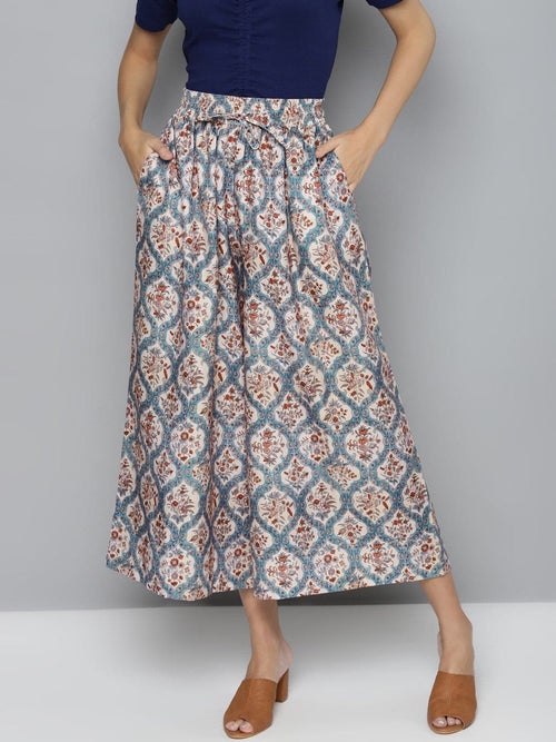 Blue & Beige Floral Drawstring Wide Leg Pants