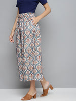 Blue & Beige Floral Drawstring Wide Leg Pants