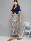 Blue & Beige Floral Drawstring Wide Leg Pants