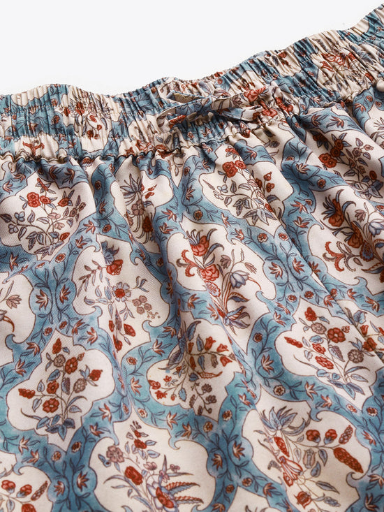 Blue & Beige Floral Drawstring Wide Leg Pants