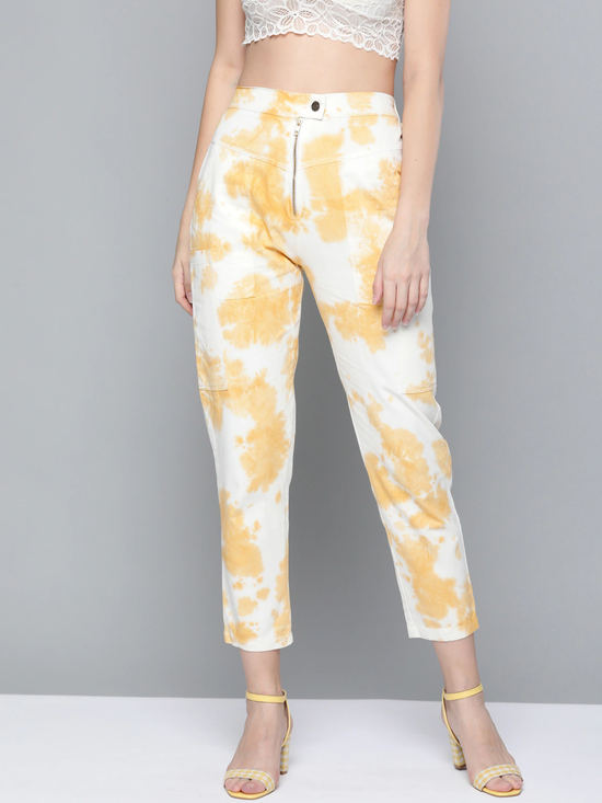 White & Mustard Tie-Dye Zipper Fly Pants