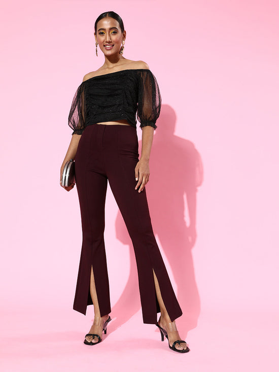 Burgundy Roma Front Slit Bell Bottom Pants