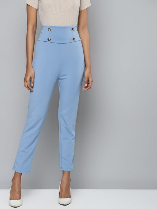 Blue Scuba Front Button High Waist Pants