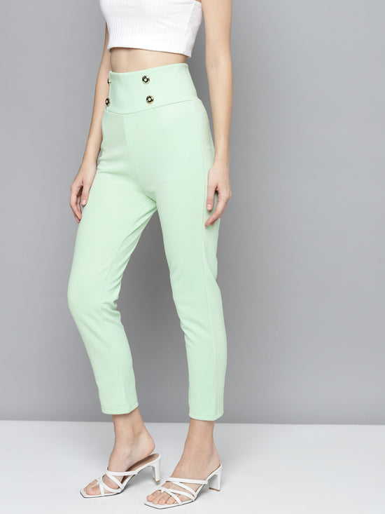 Mint Green Scuba Front Button High Waist Pants