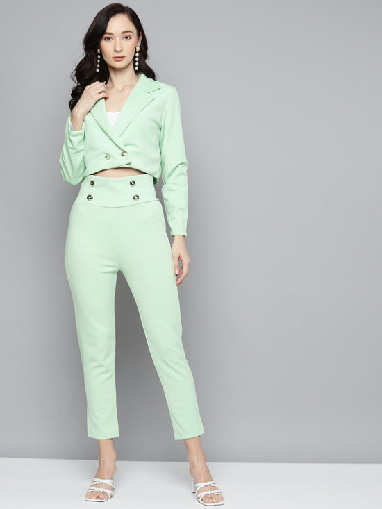 Mint Green Scuba Front Button High Waist Pants