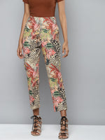 Beige Scuba Cheetah Floral Tapered Pants