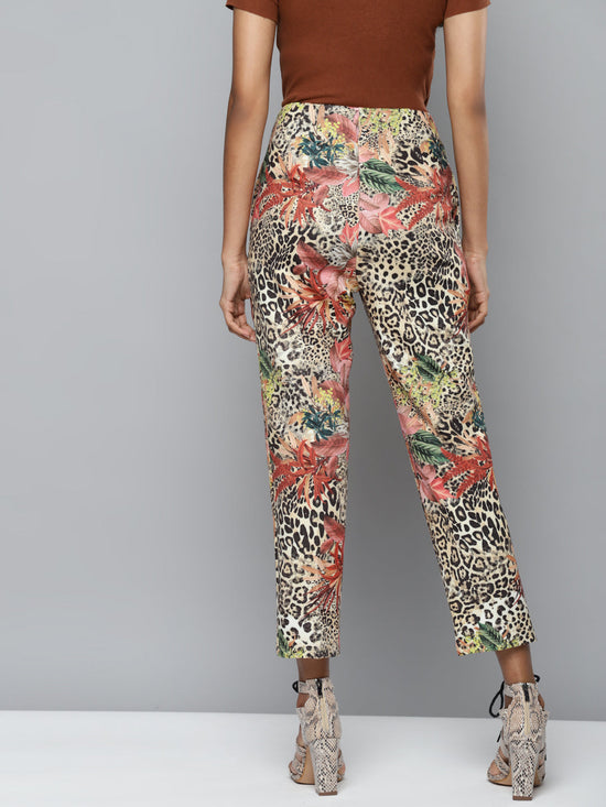 Beige Scuba Cheetah Floral Tapered Pants