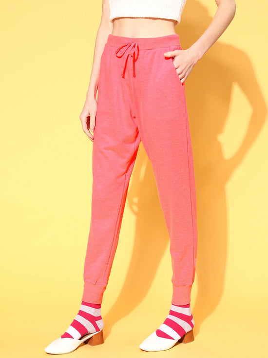 Women Neon Pink Drawstring Basic Joggers