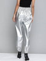 Women Silver Mettalic PU Joggers