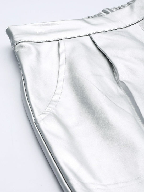 Women Silver Mettalic PU Joggers