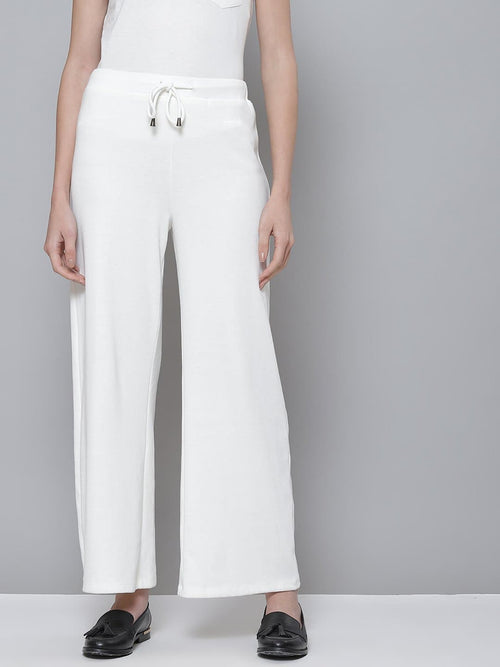 White Ribbed Wide Leg Drawstring Pants