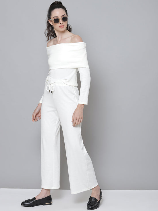 White Ribbed Wide Leg Drawstring Pants