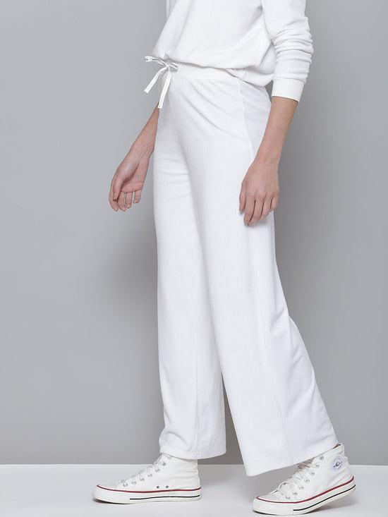 White Velour Wide Leg Track Pants