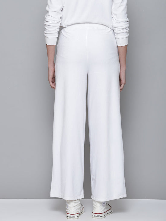 White Velour Wide Leg Track Pants