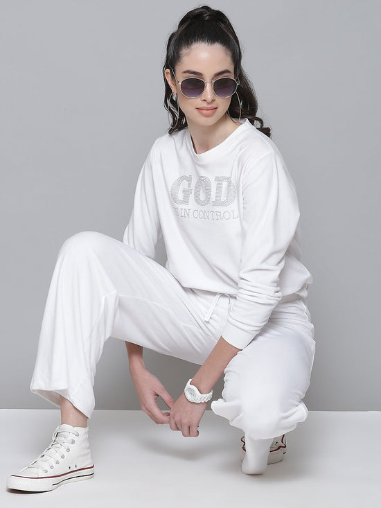 White Velour Wide Leg Track Pants