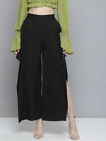 Women Black Side Slit Ruffled Wide Leg Pants