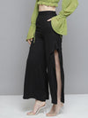 Women Black Side Slit Ruffled Wide Leg Pants