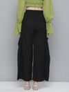 Women Black Side Slit Ruffled Wide Leg Pants