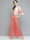 Women Pink Front Pleats Wide Leg Pants