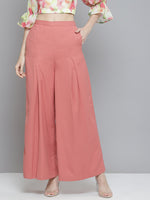 Women Pink Front Pleats Wide Leg Pants