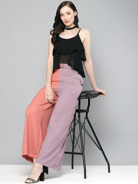 Women Pink & Lavender ColourBlock Belted Wide Leg Pants