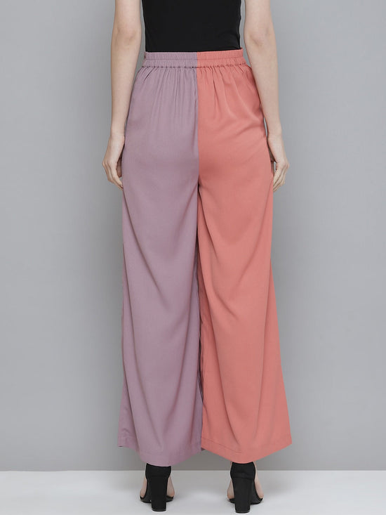 Women Pink & Lavender ColourBlock Belted Wide Leg Pants