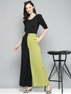 Women Green & Black ColourBlock Belted Wide Leg Pants