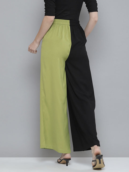 Women Green & Black ColourBlock Belted Wide Leg Pants