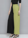 Women Green & Black ColourBlock Belted Wide Leg Pants