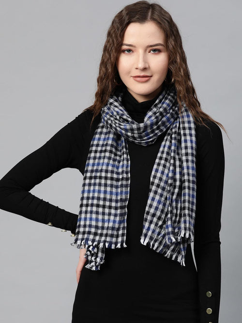 Grey & Blue Check Poly Wool Stole
