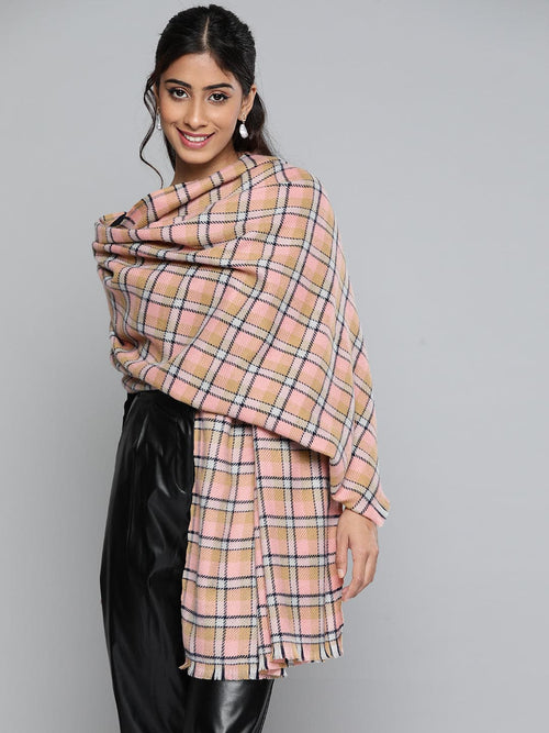 Peach & Navy Polyester Check Stole