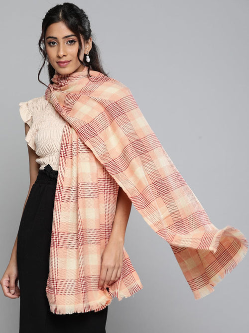 Maroon & Peach Polyester Check Stole