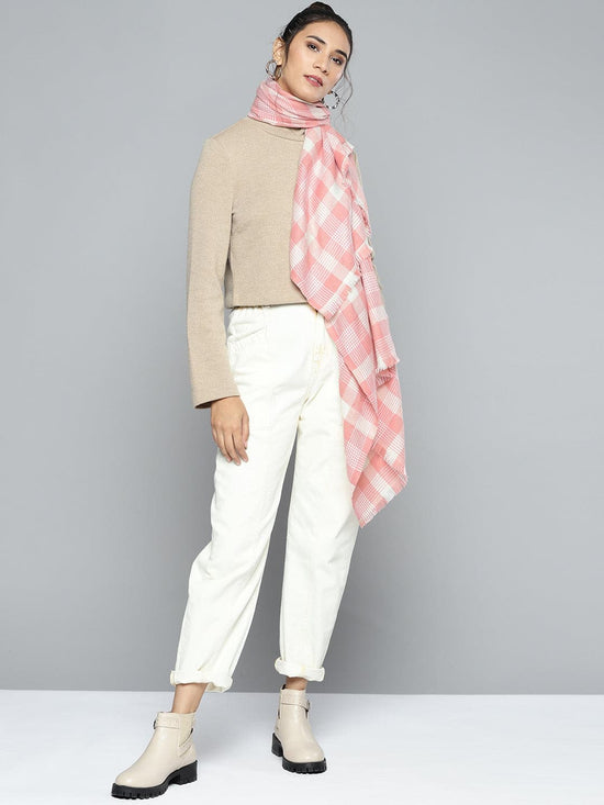 Pink & White Polyester Check Stole