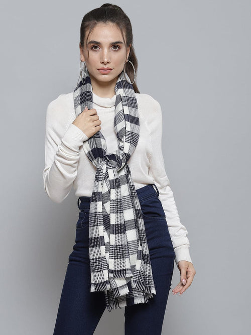 White & Navy Polyester Check Stole