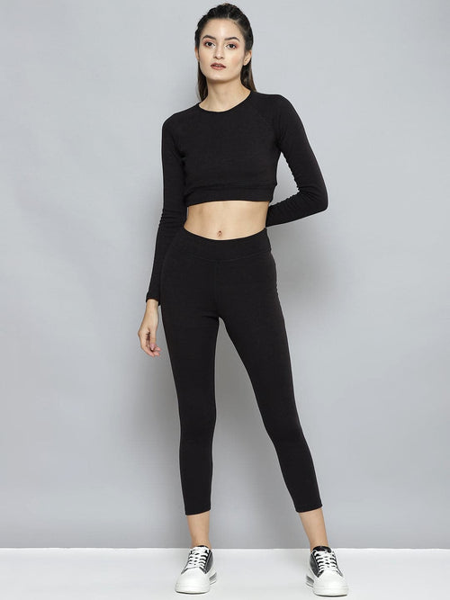 Women Black Rib ACTIVE Crop Top With Tights