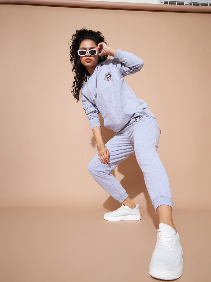 Women Grey Embroidered Oversized Hoodie With Track Pants