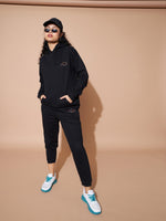 Women Black Embroidered Oversized Hoodie With Track Pants
