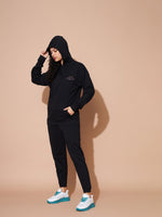 Women Black Embroidered Oversized Hoodie With Track Pants