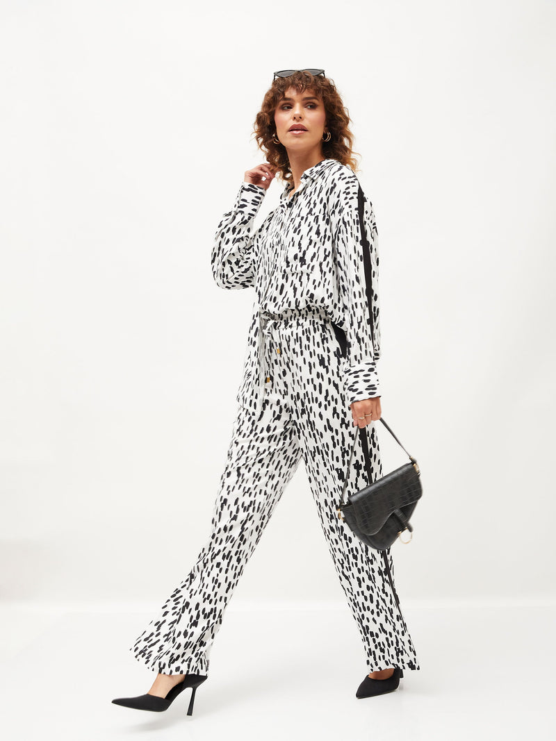 Women White Abstract Print Oversize Shirt With Pants