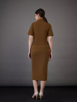 Women Brown Notch Collar Top With Midi Skirt