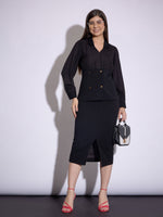 Women Black Peplum Collar Top With Midi Skirt