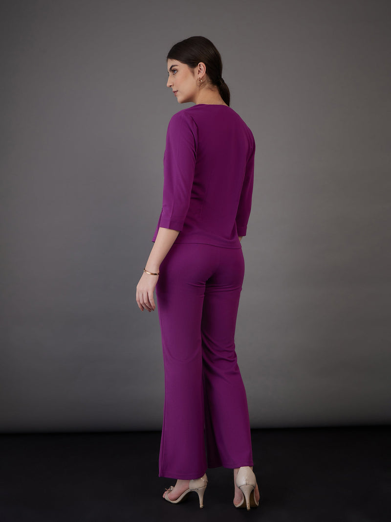 Women Purple Wrap Asymmetric Top With Bell Bottom Pants