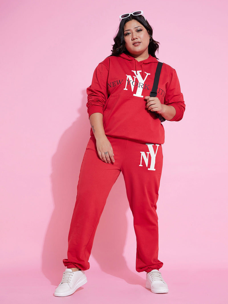 Women Red New Yoke Terry Hoodie With Joggers
