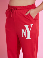 Women Red New Yoke Terry Hoodie With Joggers