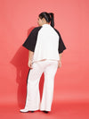 Women White & Black Terry Zipper Jacket With Track Pants