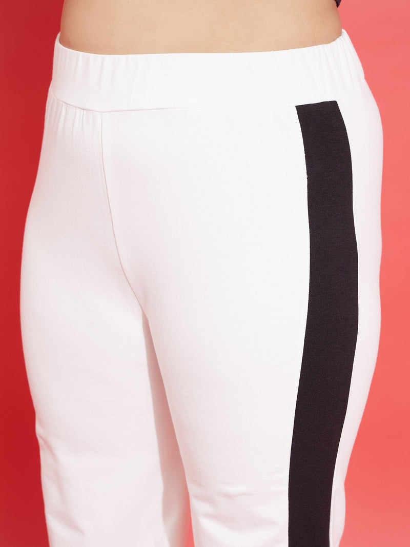 Women White & Black Terry Zipper Jacket With Track Pants
