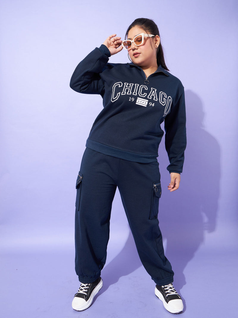 Women Navy Fleece Chicago Zipper Sweatshirt With Joggers