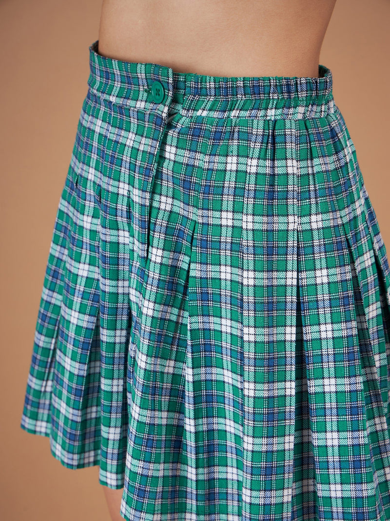 Women Green Yarndyed Check Crop Shirt With Mini Skirt